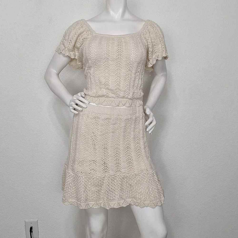 Freshman 1996 "NEW" Cream Boho Crochet Knit Hippie Mini Skirt & Top Set Size *XL